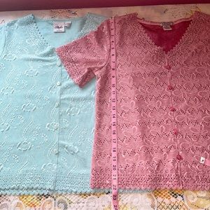 Lot of 2.  Dressy sparkly v-neck short sleeve pink & blue blouses, petite XL